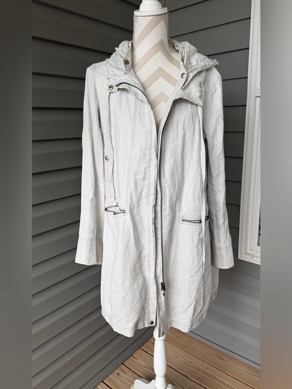 Peruvian Connection Anorak Light Gray Hooded Long Trench Coat Sz M